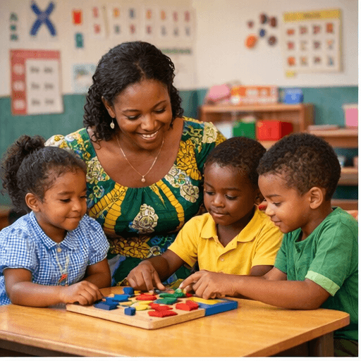 Enseignante souriante guidant trois jeunes enfants noirs qui assemblent un puzzle coloré en bois.
