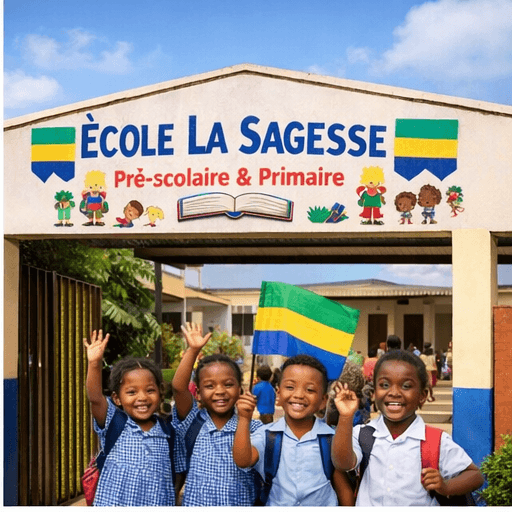 Quatre écoliers souriants devant l'école La Sagesse, l'un d'eux brandissant un drapeau du Gabon.