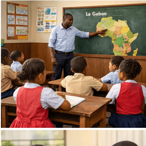 Enseignant montrant une carte de l'Afrique au tableau noir à des élèves attentifs.