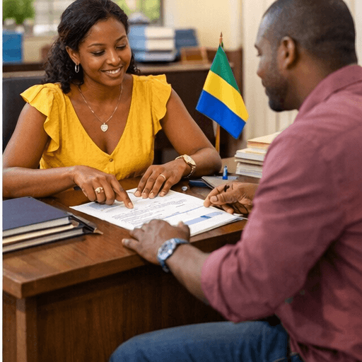 Femme en jaune et homme révisant des documents à un bureau avec drapeau gabonais.