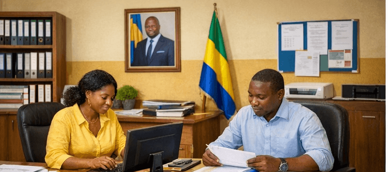 Une femme à l'ordinateur et un homme lisant des documents dans un bureau gabonais.