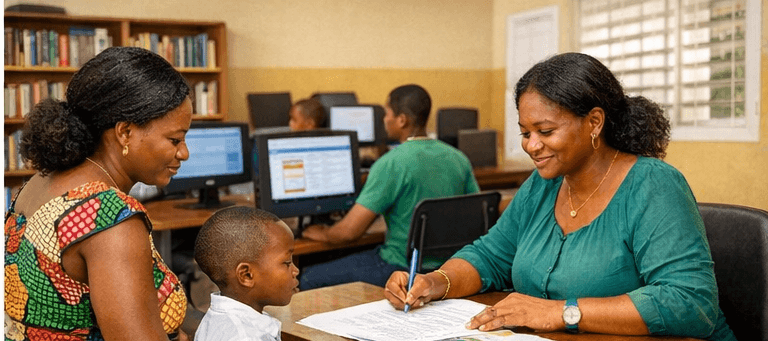 Une femme remplit un formulaire devant un enfant dans une bibliothèque avec des ordinateurs.