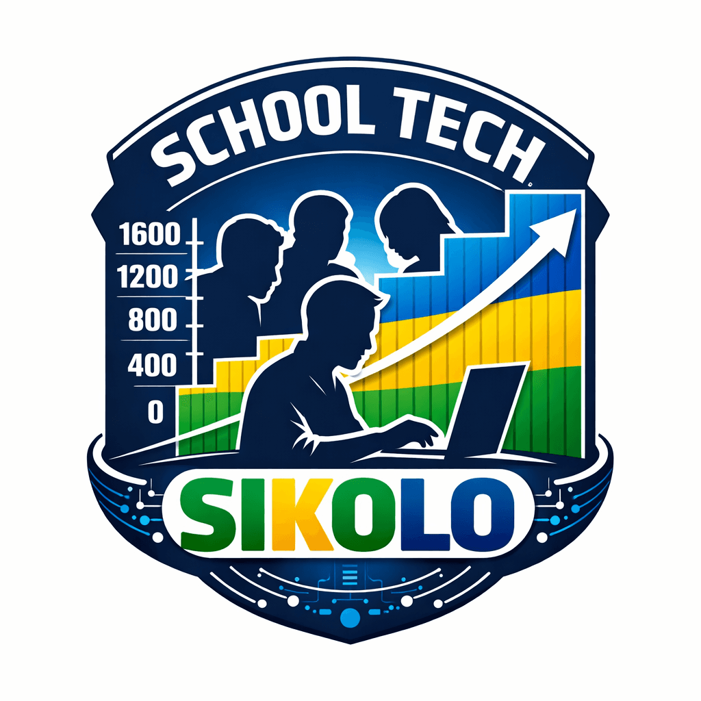 Logo School Tech Sikolo avec silhouettes d'étudiants, ordinateur et graphique de croissance ascendante.