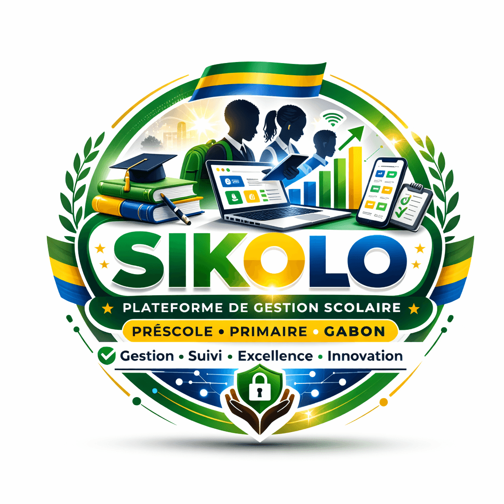 Logo SIKOLO, plateforme de gestion scolaire gabonaise intégrant outils numériques, étudiants et symboles d'excellence.
