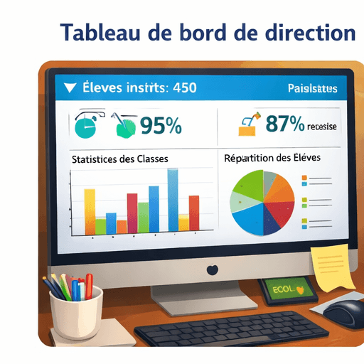 Tableau de bord de direction affichant des graphiques et statistiques scolaires sur un écran.
