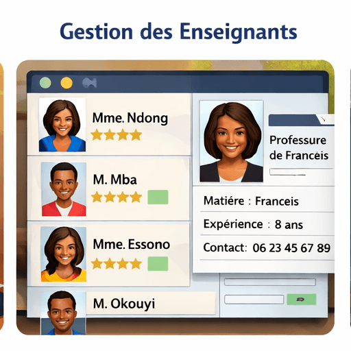 Interface de gestion des enseignants affichant des profils avec photos, noms, évaluations et détails.
