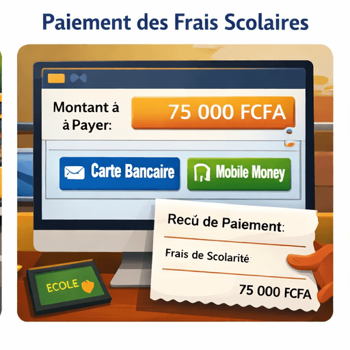 Interface pour payer 75 000 FCFA de frais scolaires par carte bancaire ou paiement mobile.