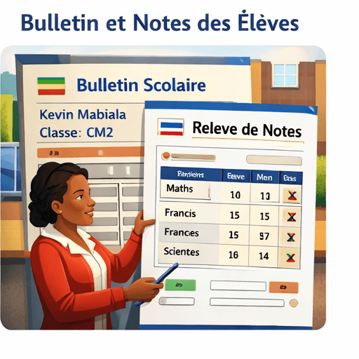 Femme souriante présentant un relevé de notes et un bulletin scolaire pour Kevin Mabiala, classe CM2.